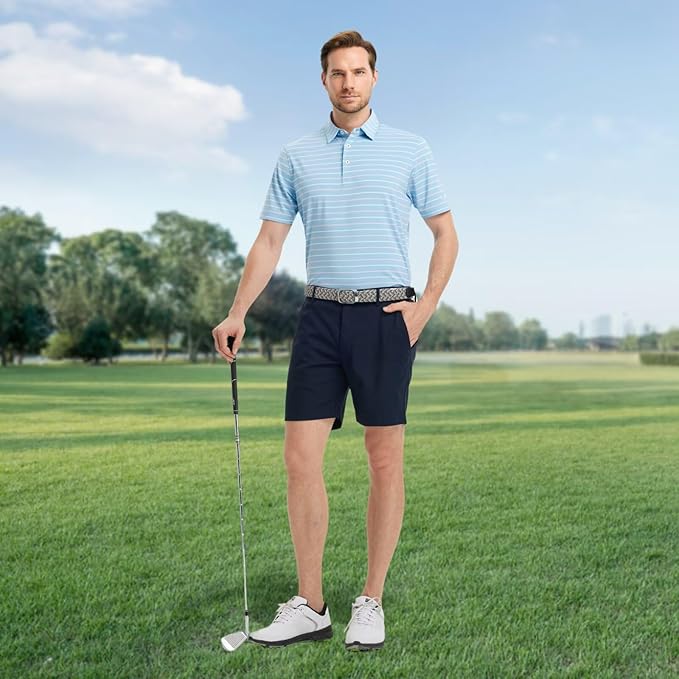 Rouen Mens Golf Shirt Moisture Wicking Dry Fit Performance Stripe Casual Collared Short Sleeve Golf Polo Shirts for Men