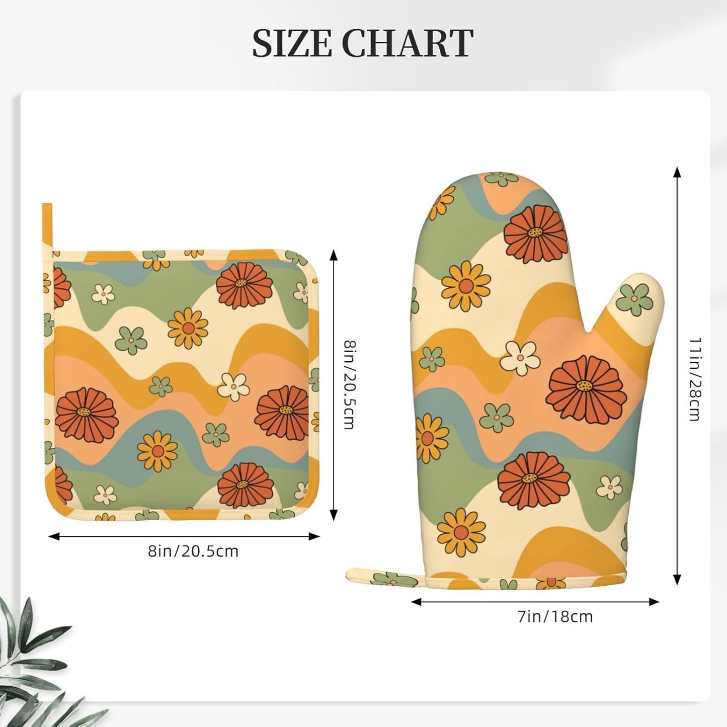 70s Groovy Cute Vintage Flower Floral Oven Mitts and Pot Holders Set of 4 Silicone Kitchen Mitten Gloves and Non-Slip Potholders Set Heat Resistant Oven Gloves Hot Holders for Kitchen