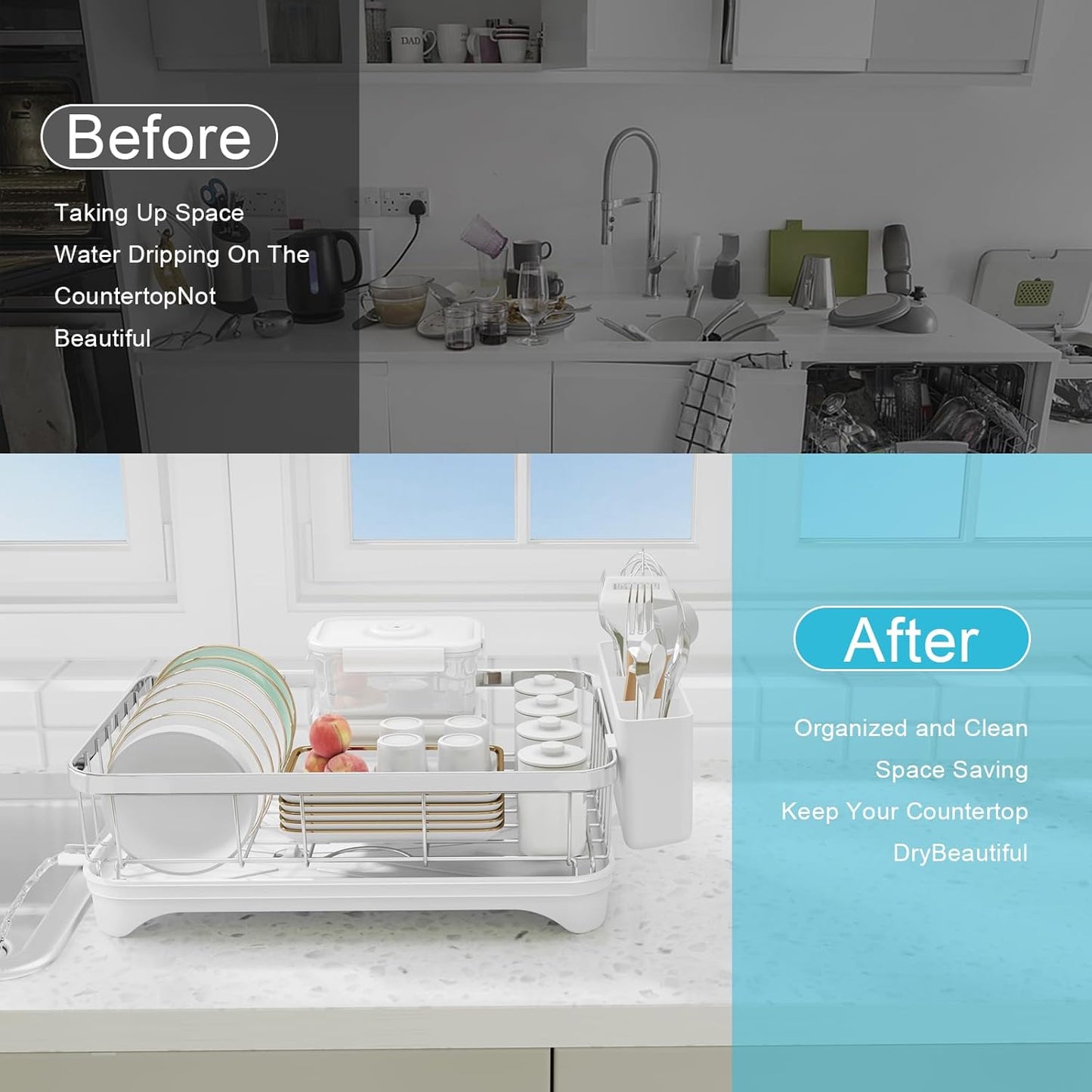 Dish Drying Rack 304 Stainless Steel Dish Racks,Adjustable Spout Auto-Draining Dish Drainers for Kitchen Counter, Large Capacity Dish Rack for Bowls, Cups, White