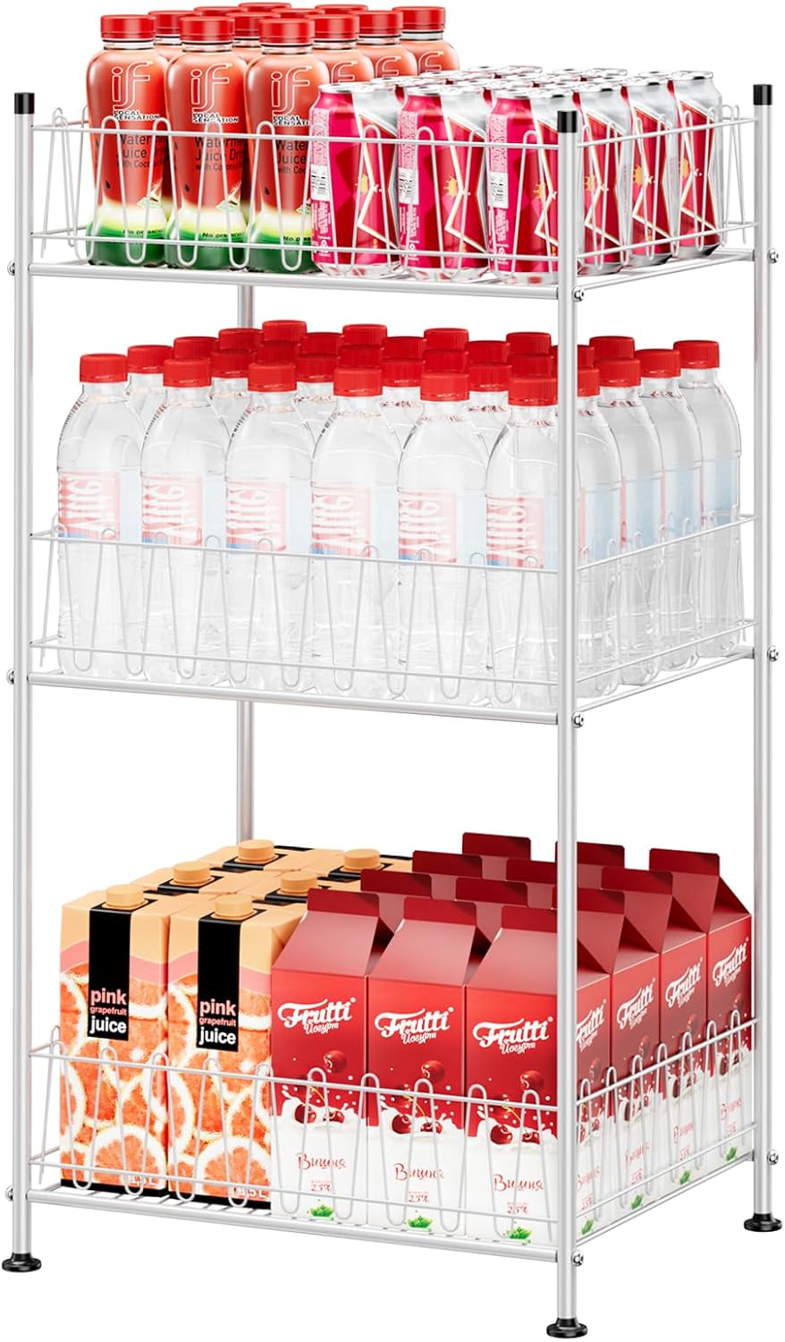 Water Bottle Storage Organizer 3 Tier Freestanding Water Bottle Holder Rack Stand Metal Drink Soda Can Organizer Beverage Shelf for Floor Pantry Kitchen Food Storage, Silver
