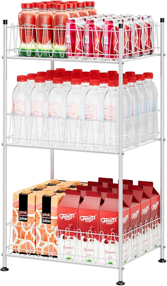 Water Bottle Storage Organizer 3 Tier Freestanding Water Bottle Holder Rack Stand Metal Drink Soda Can Organizer Beverage Shelf for Floor Pantry Kitchen Food Storage, Silver