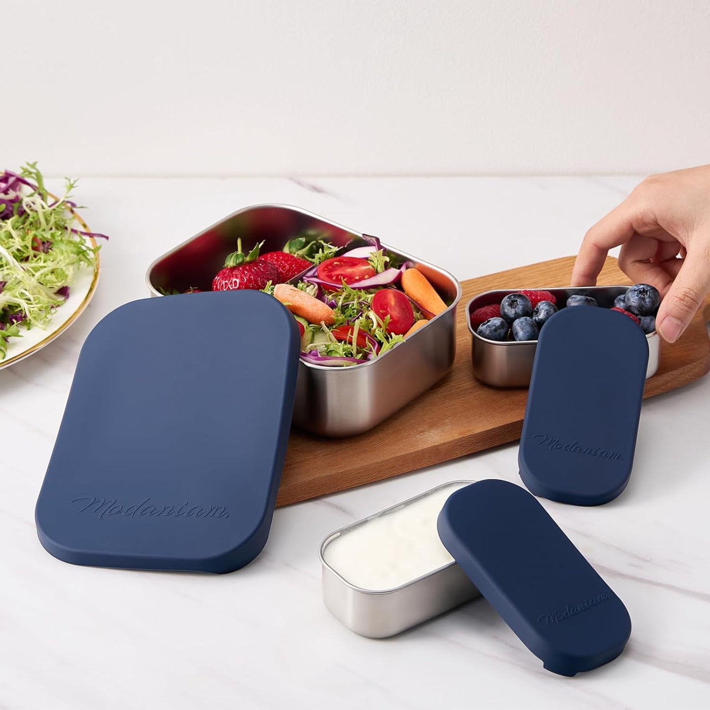 Flexibento - Leak proof Stainless Steel Lunch Box | Lunch Containers with Lids | Steel Bento Box | Meal prep| Snack Containers |Metal lunch Box (Midnight -3PC set (1 * 27 oz + 2 * 6.5oz))