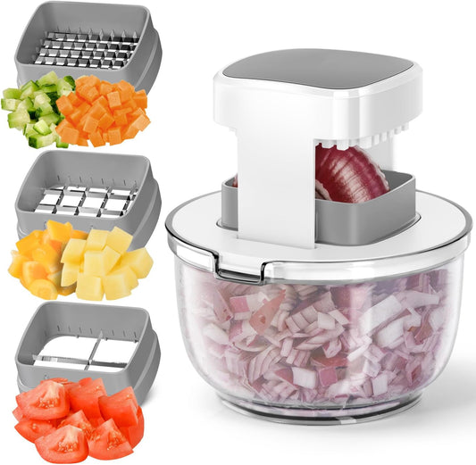 Vegetable Chopper Bowel Multi-functional 3 Interchangeable Blades Onion Chopper French Fry Cutter Veggie Dicer for Cucumber, Tomato, Zucchini, Carrot, Citrus
