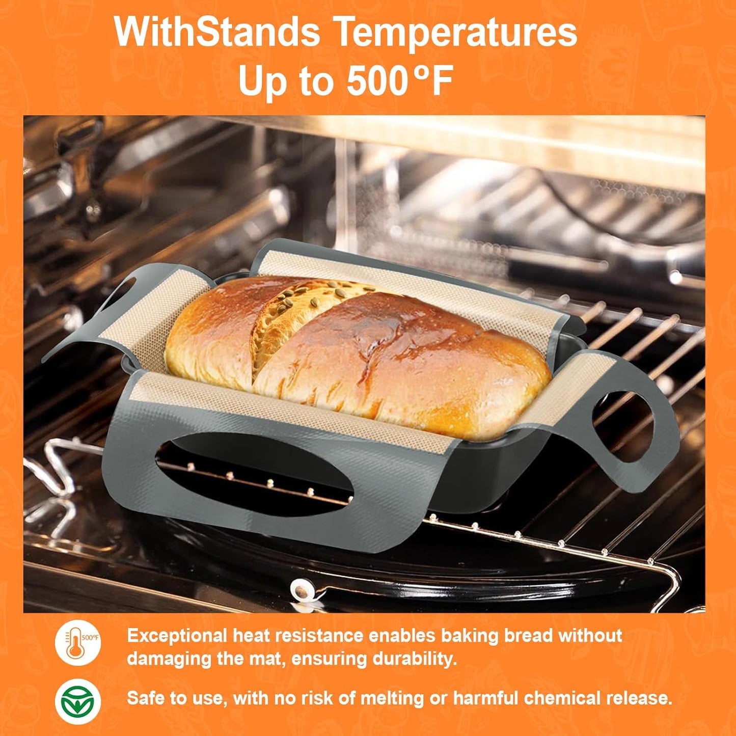 Reusable Silicone Bread Loaf Pan Liner, Food-Grade Silicone Bread Sling, Sourdough Bread Baking Mat, Non-Stick &Easy Clean Dough Transfer Tool, Fits 9x5" or 1.5lb Loaf Pans, Grey & Orange, 2PCS