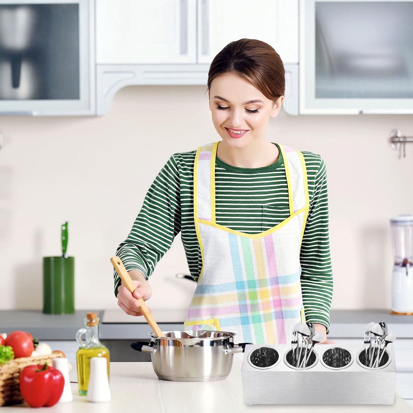 uxcell Commercial Utensil Holder, Stainless Steel Cylinder Flatware Silverware Utensil Holder Caddy Drying Rack Countertop Silverware Organizer (4 Holes)