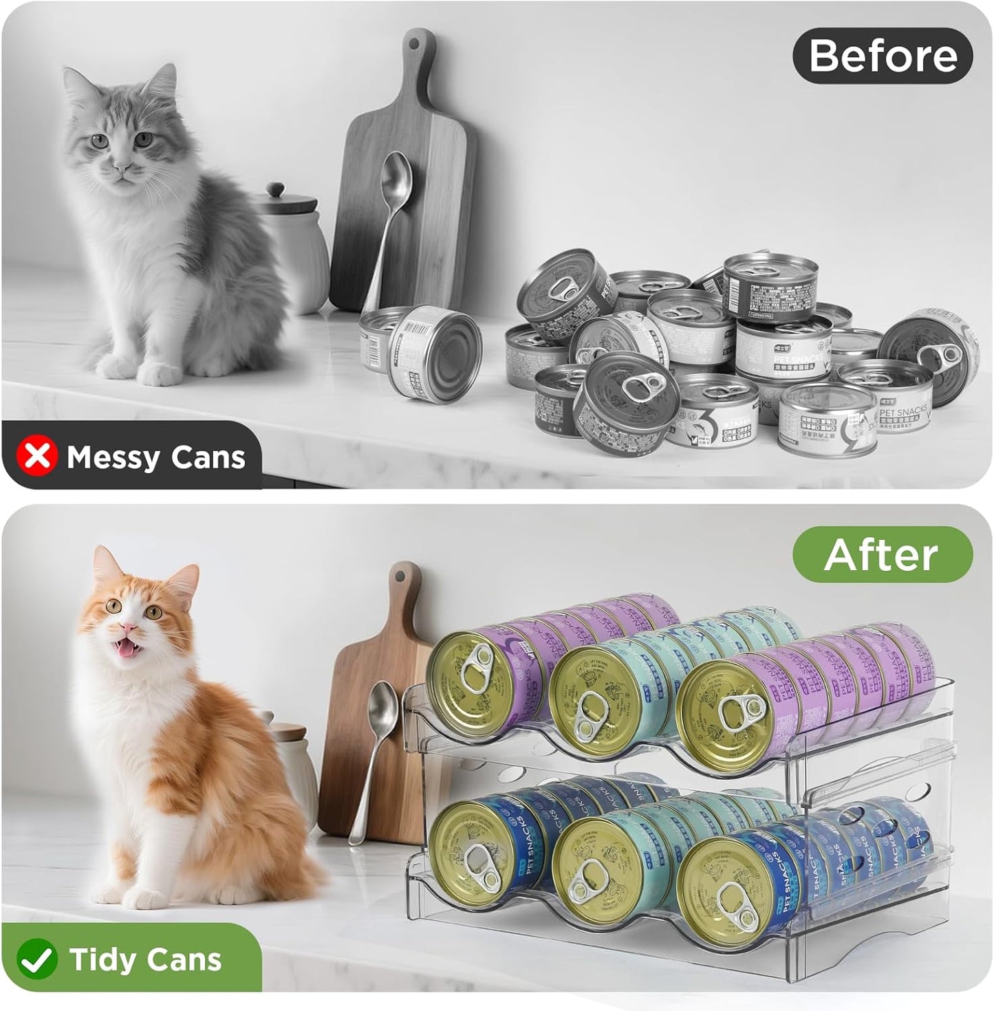REFLYING Cat Food Can Organizer, 2-Layer Transparent Cat Food Storage Container Holds 36 (3.5oz) Cans, Canned Cat Food Organizer and Storage for Countertop Kitchen Cabinet or Pantry Shelf (2 layers)