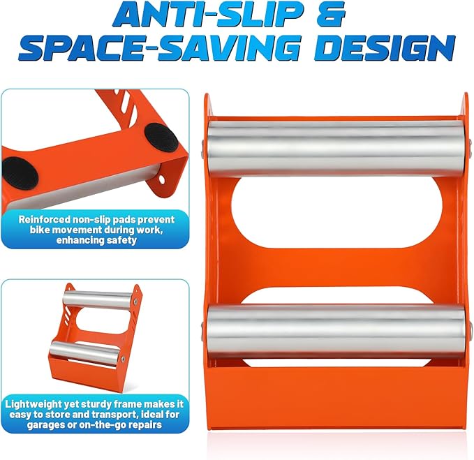 Motorcycle Wheel Cleaning Stand Universal Wheel Roller Stand for Tire Cleaning & Chain Lubrication Heavy Duty Paddock Stand for Street Bike (Motorcycle < 700 LB & Tire Width <260 mm) Orange