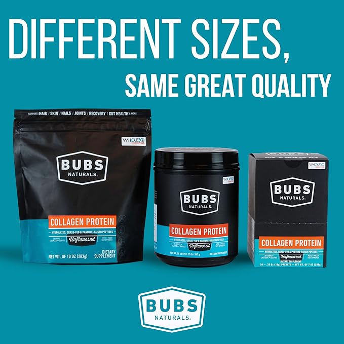 BUBS Naturals Unflavored Collagen Peptides Powder - Best Proteins for Joints & Skin - Pasture Raised Grass Fed - Paleo & Keto Friendly, Whole30 Approved, Non-GMO, Dairy & Gluten Free (20 Stick Packs)