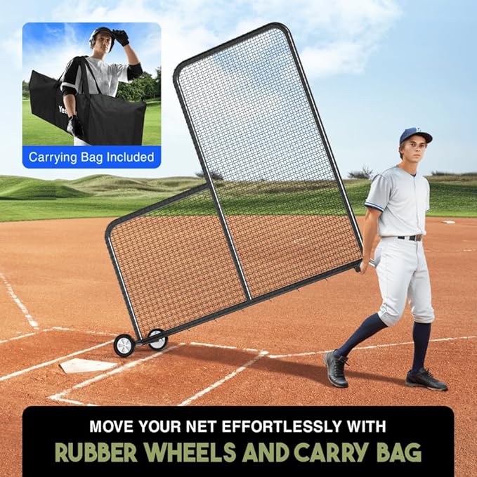 Yes4All Portable L-Screen Baseball 7x7ft with 2 Baseballs, Rubber Wheels - L Screen Baseball for Batting Cage, Protective Pitching Screen Net Double Layers, Carry Bag Included