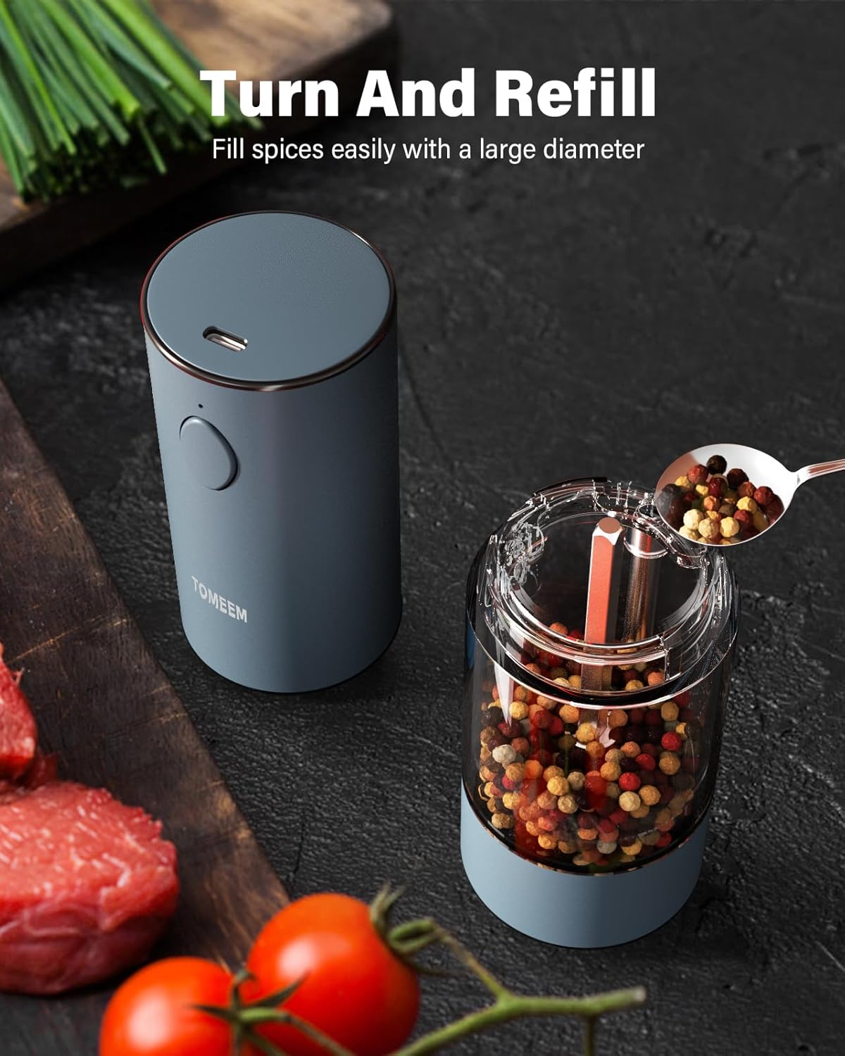 TOMEEM Upgraded Larger Capacity Electric Salt and Pepper Grinder Set Rechargeable with LED lights, Stainless Steel Automatic Pepper and Salt Grinder Refillable with 5 Adjustable Coarseness Blue