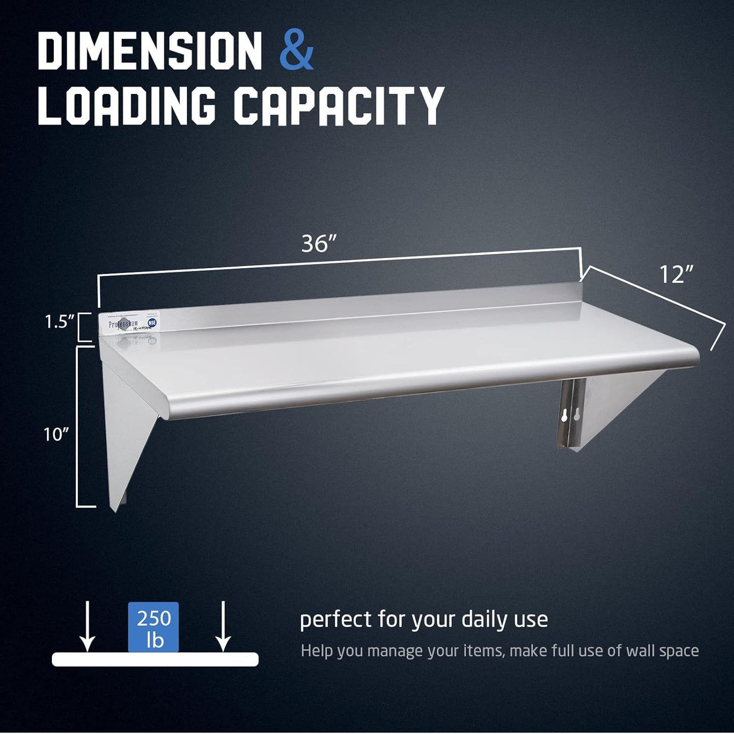 Profeeshaw NSF Stainless Steel Shelf 12” x 36”, 250 lb Commercial Shelves Wall Mounted Metal Shelving with Backsplash and 2 Brackets for Restaurant, Bar, Utility Room, Kitchen and Garage