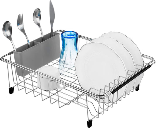 iPEGTOP Expandable Multifunctional Dish Drying Rack, Over The Sink, in Sink Or On Counter Dish Drainer Basket Organizer Shelf with Removable Grey Utensil Silverware Holder, Rustproof Stainless Steel