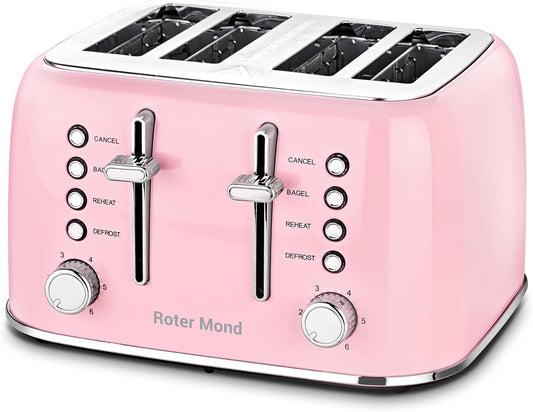Toaster 4 Slice Retro Stainless Steel with Extra Wide Slots Bagel, Defrost, Reheat Function, Dual Independent Control Panel, Removable Crumb Tray, 6 Browning Levels, Pink