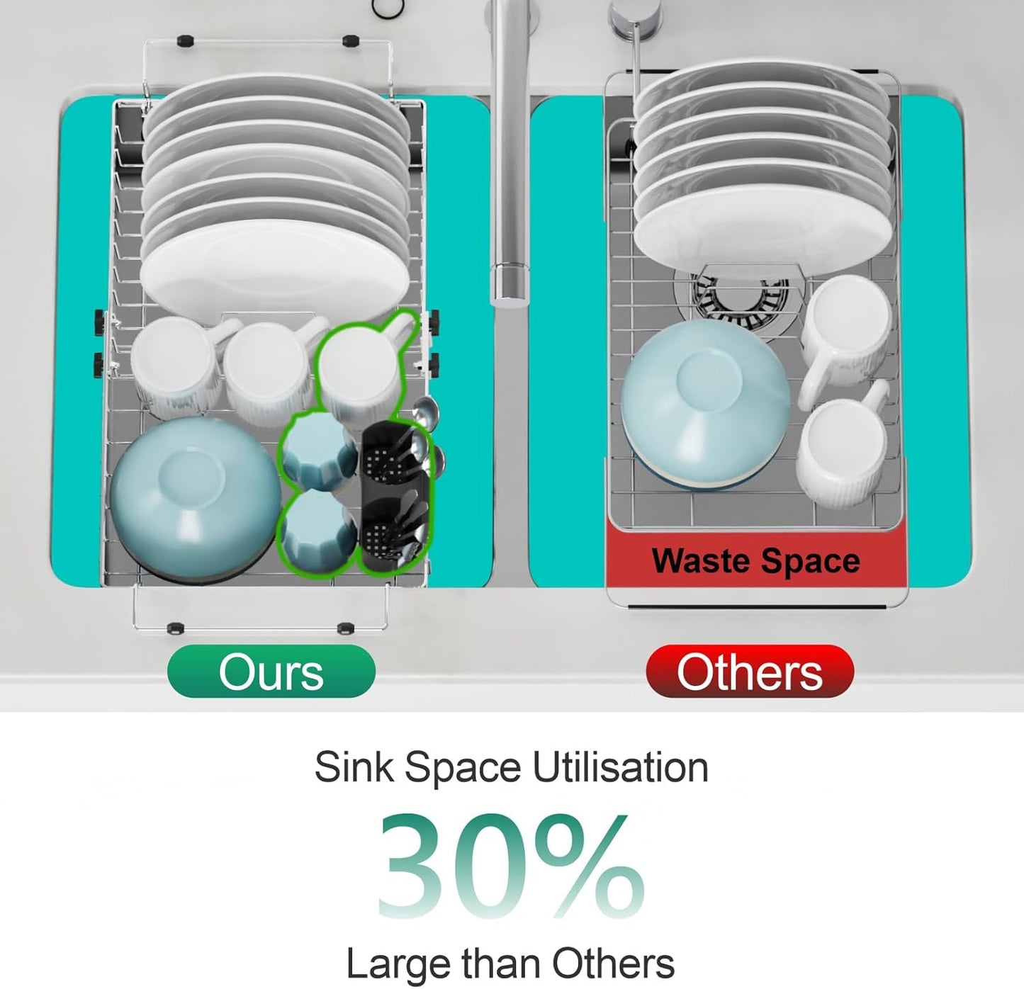 GSlife in Sink Dish Drying Rack - Large Stainless Steel Capacity Expandable Dish Drainer with Sink Protector, 13.4"~20.5'' L x 12.8'' W x 5.7'' H, Silver