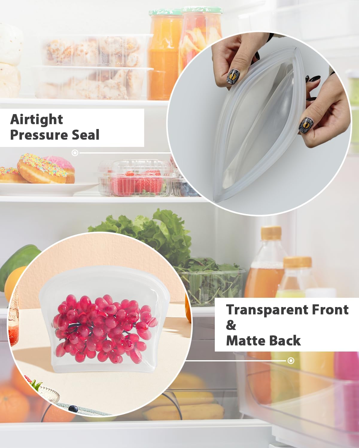 Reusable Silicone Storage Bags, 4Pack Snack Sandwich Sandwich Bags, Endurables Seal-Top Silicone Bags for Food Storage, Freezer, Microwave, Oven, Dishwasher Safe (Clear & Rose Quartz)