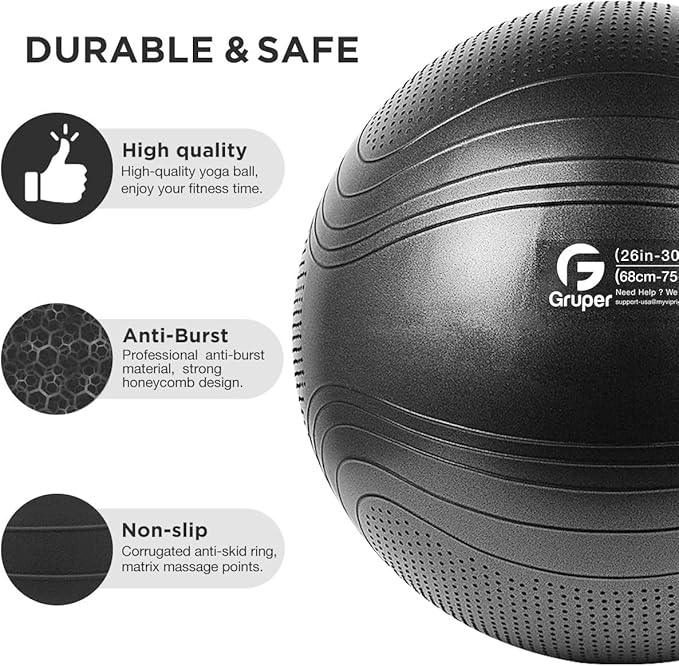 Yoga Ball, 22-30 Inch Extra Thick Exercise Ball for Workout Fitness Balance, Anti Burst Chair for Home and Office Desk, Includes Hand Pump & Workout Guide Access
