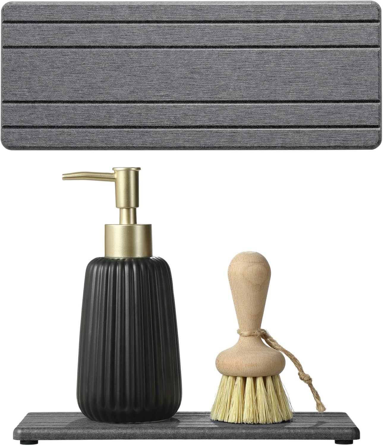 2PCS Diatomite Quick Stone Drying Tray Mat For Bathroom & Kitchen Counter, Instant Dry Water Absorbent Drink Bar Coaster,Vanity Sink Caddy Organizer,Dish Soap Sponge Holder, Dark Gray,9"x3.5"