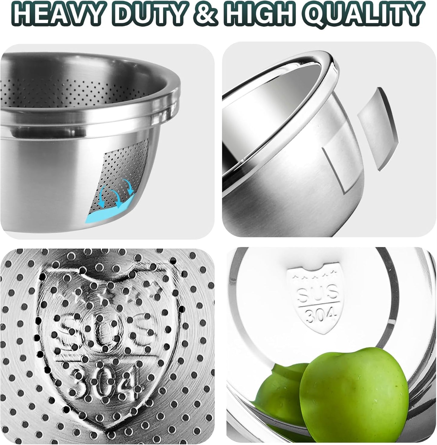 304 Stainless Steel Colander 2QT Microporous Colander & Mixing Bowl for Kitchen Cooking,Rice Strainer with Washing Bowl for Pasta Straining,Fruit Washing,Vegetable Draining(2PCs)