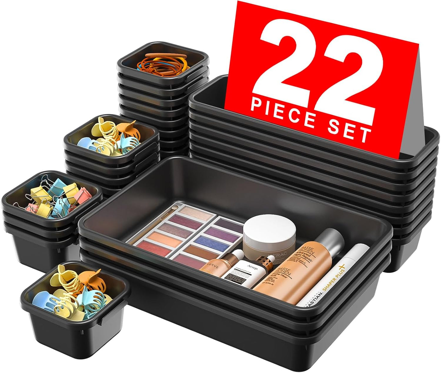 【𝟮𝟮𝗣𝗖𝗦】A-LUGEI Plastic Black Desk Drawer Organizer, Bathroom Organizers and Storage, Makeup Organizer, Organization and Storage Bin Container for Vanity Office Utensils Tool Pantry Cosmetic