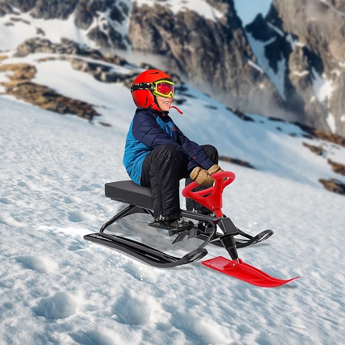 Snow Racer Sled with Steering Wheel and Brakes, Durable Steel Frame, Downhill Steerable Sled for 220 LBS Kids, Teenagers, Adults