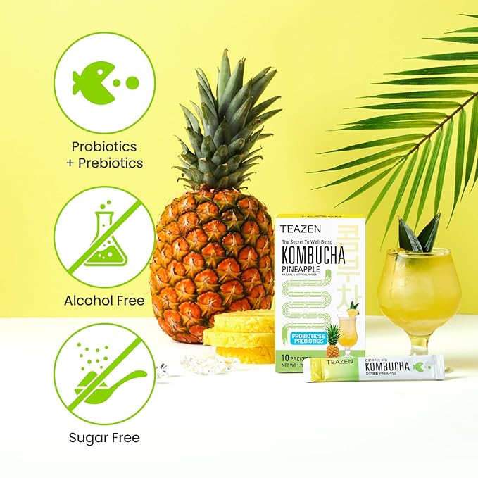 TEAZEN Pineapple Kombucha Tea, Hydration Drink Mix, Sugar Free, Live Probiotics & Prebiotics, 10 Sticks, 1.76oz