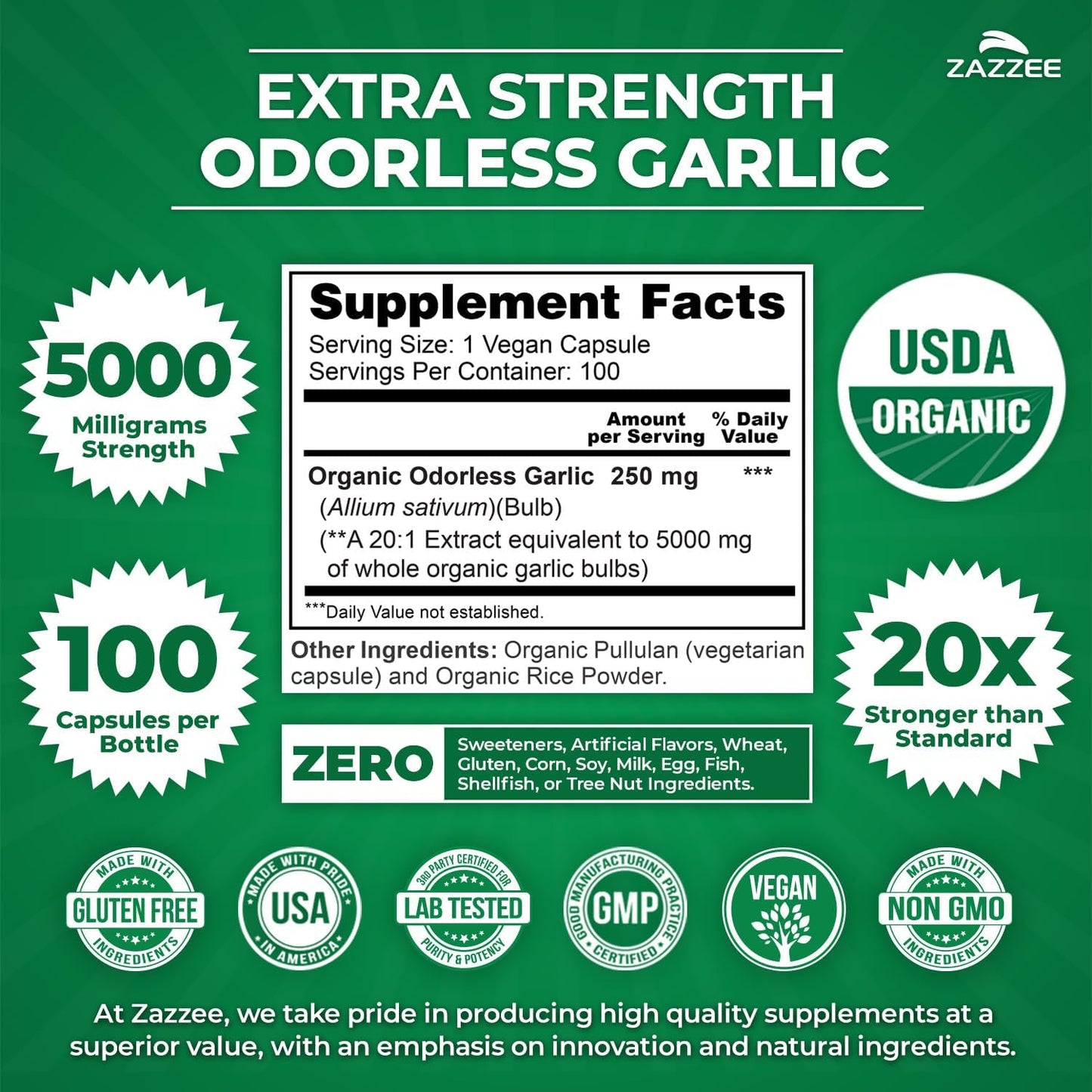 Zazzee USDA Organic Odorless Garlic 20:1 Extract, 5000 mg Strength, 100 Vegan Capsules, 3+ Month Supply, Standardized, Concentrated 20X Extract, 100% Vegetarian, All-Natural, Non-GMO, Made in The USA