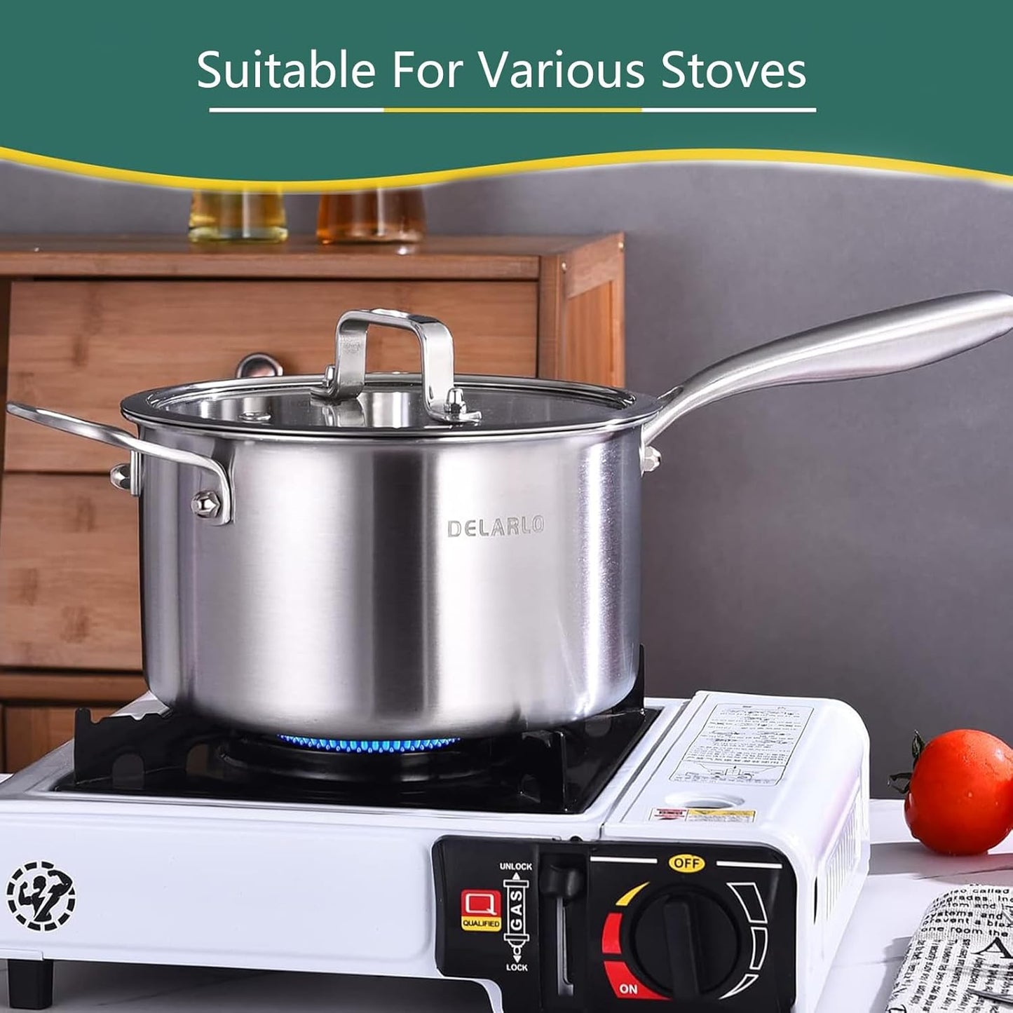 DELARLO Tri-Ply Stainless Steel Saucepan, 3.5 QT Saucepan with Lid, All Stove Compatible 600℉, Induction Sauce Pot, Heavy Duty Saucier Pot, Dishwasher Safe Saucepan, Induction Pot 3.5 Quart, Even Heat