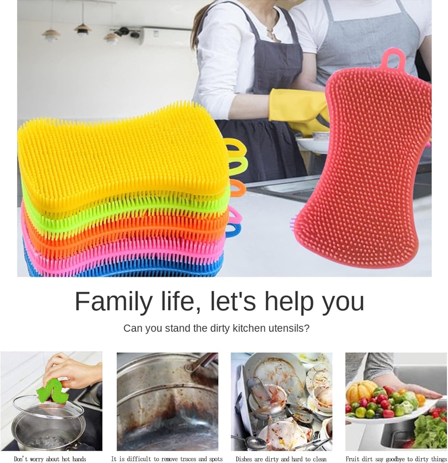 Silicone Sponge Dish Washing Kitchen Scrubber, 6 Pack Reusable Dish Washing Cleaning Sponges Double-Sided Multipurpose Non Stick Silicone Dish Sponges for Dishes, Fruit, Vegetable （Multicolor）