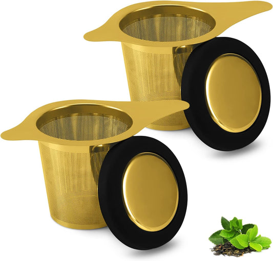 Two Pack Tea Infuser Basket Stainless Steel Tea Strainer Tea Filter With Small Strainer And Lid Tea Diffuser For Loose Tea Superior Brewing Experience (Two pack gold)