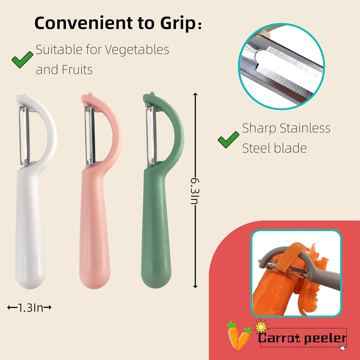 Trez Treamer 6-Piece Vegetable Peelers for Kitchen,Stainless Steel Apple Peeler Set for Veggie Carrot Fruit Zucchini Cucumber Peeler Sharp Potatoes & Potato Peeler Bulk with Non-Slip Handle (P)