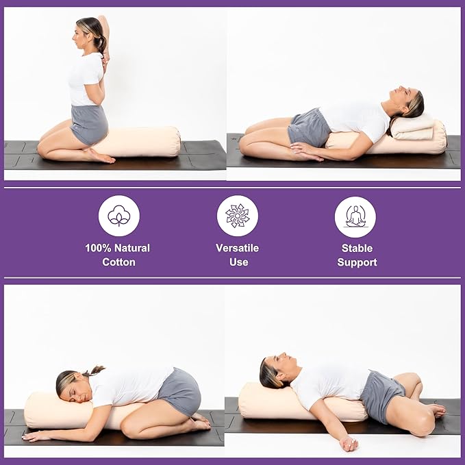 Yogikuti Iyengar Yoga Bolster Pillow for Restorative Yoga & Meditation Poses – 100% Cotton, Firm & Durable Cylindrical Cushion with Washable Cover, Perfect for Balance & Supportive Asanas (White)