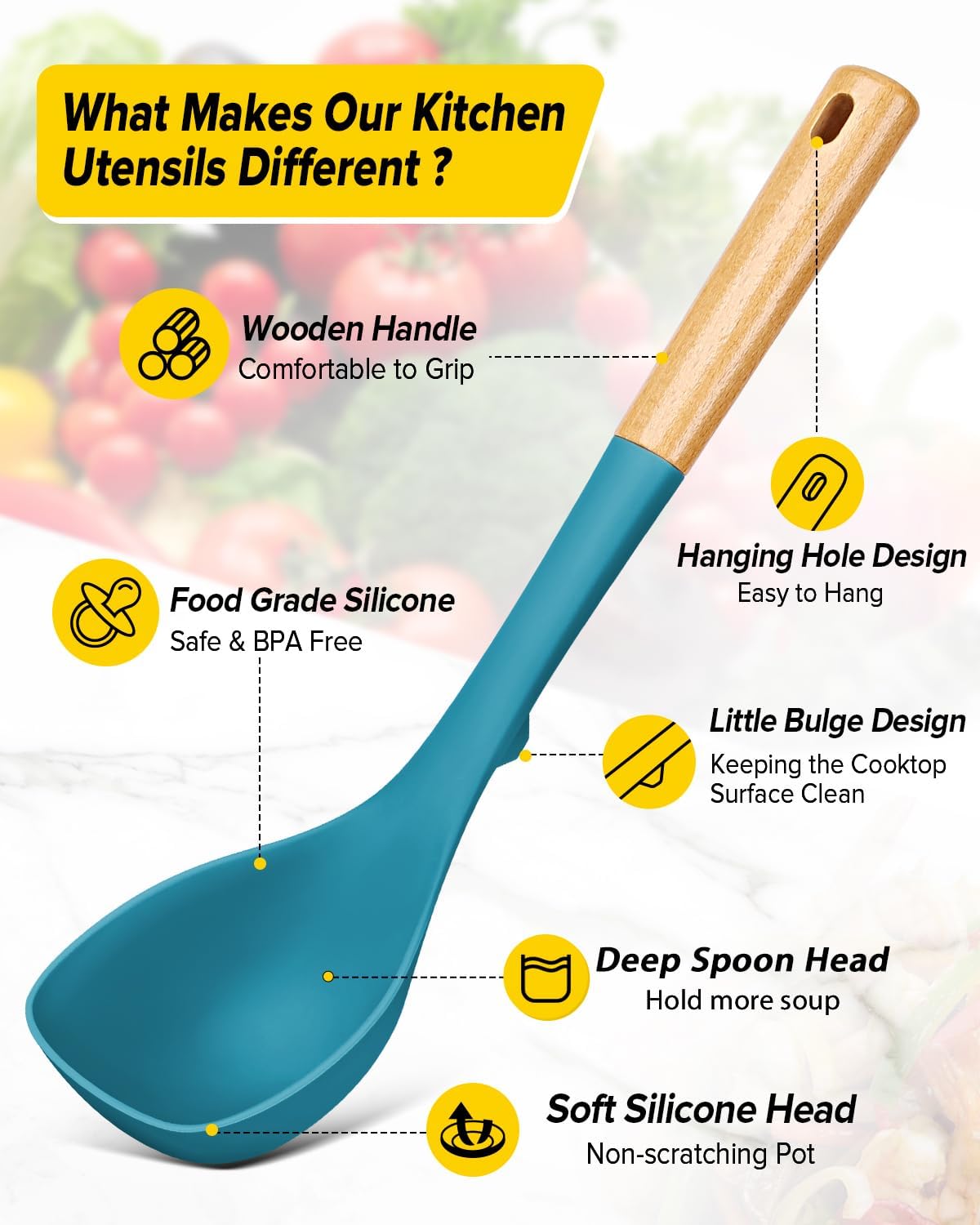 Silicone Soup Ladle and Spaghetti Spoon Set with Wooden Handle, Non Stick Heat Resistant Kitchen Utensils for Cooking, Stirring, Serving Pasta, Soup & Sauce(BLUE)
