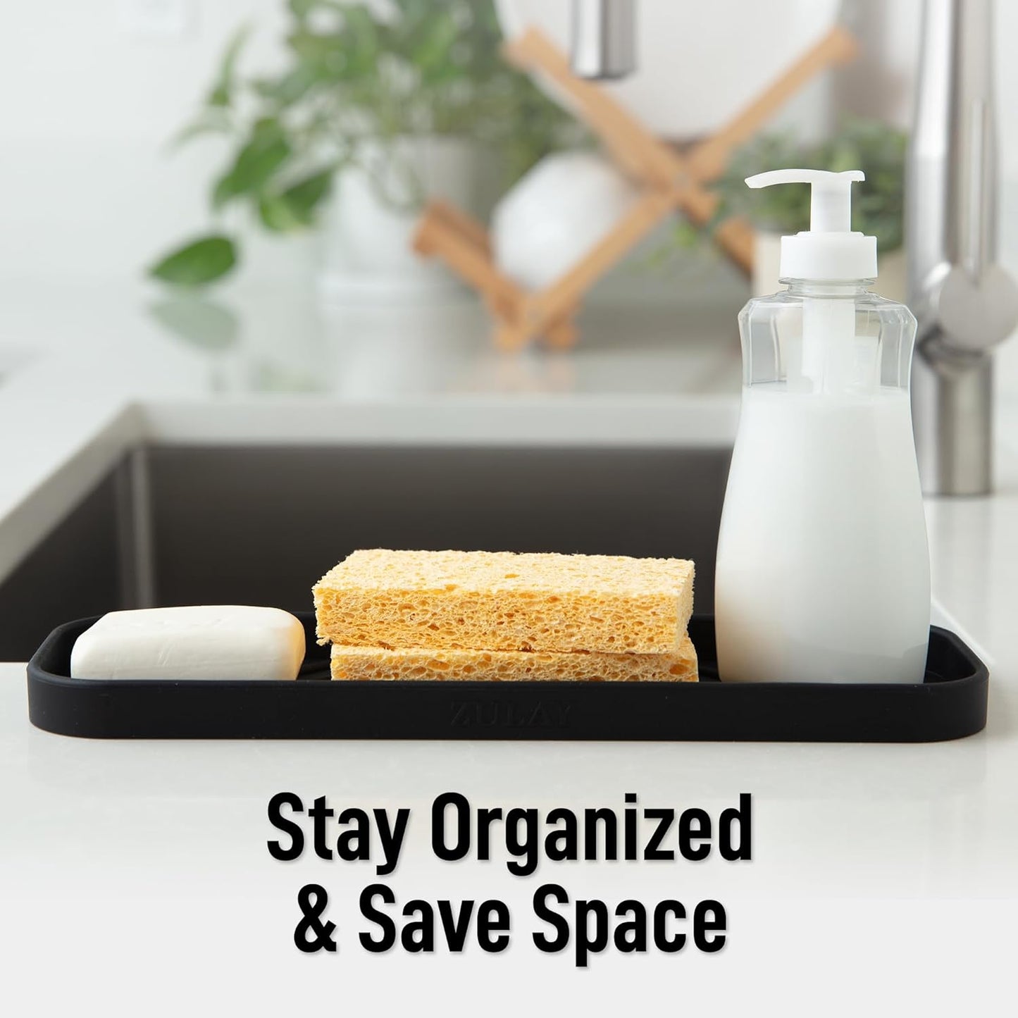Zulay Kitchen Large Silicone Sponge Holder (12x4) – Flexible Sink Organizer Tray for Kitchen & Bathroom – Multipurpose Soap Dish for Sponges, Makeup, Trinkets & More (Black)