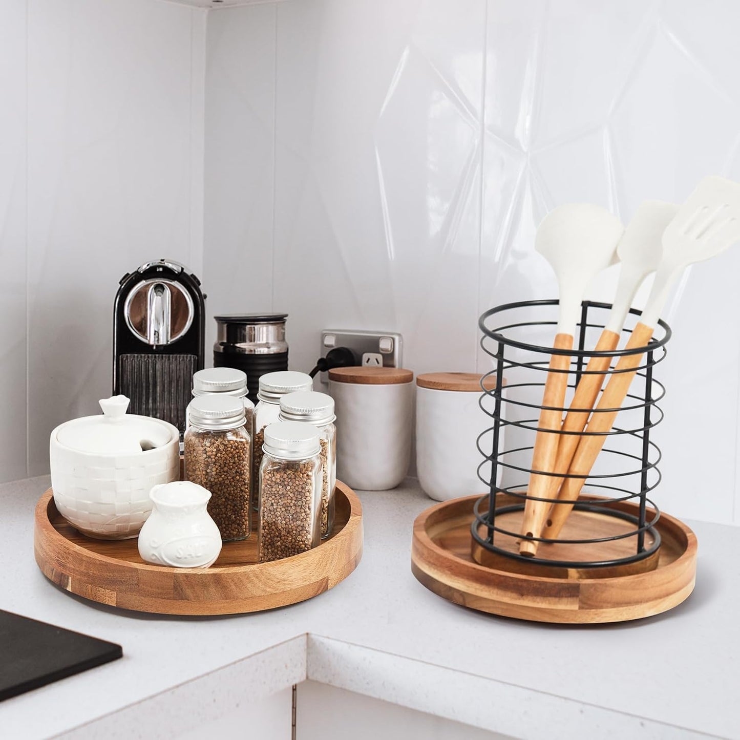 9 Inch Acacia Wood Lazy Susan Organizer for Cabinet, Lazy Susan Turntable for Countertop Table Pantry, Kitchen Turntable Storege Container