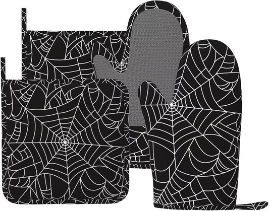 Black and White Spider Web Oven Mitts and Pot Holders Set of 4 Silicone Spiderwebs Kitchen Mitten Gloves and Non-Slip Potholders Set Heat Resistant Oven Gloves Hot Holders for Kitchen