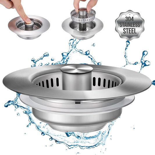 Upgraded 3 in 1 Kitchen Sink Drain Strainer - Stainless Steel Sink Stopper, Anti-Clogging Sink Food Catcher Basket, Fast Drainage Odor Filter Sink Plug for US Standard 3 1/2 inch Drain (Silver-1Pack)