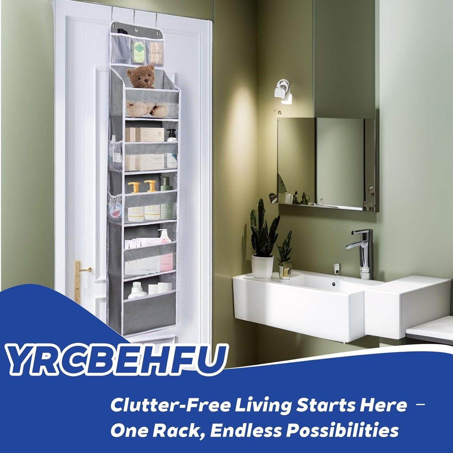 Over The Door Organizer - 6 Capacity Large Pockets & 7 Mesh Compartments, Anti-Tilt Design Holds 44 lbs, for Bathroom, Nursery, Dorm, Pantry & Laundry Storage (Light Grey)