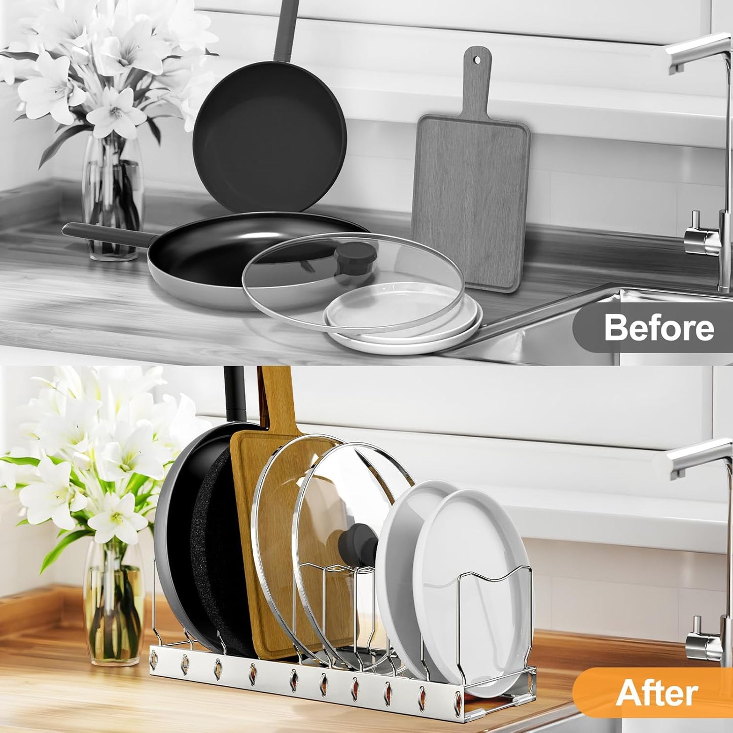 FLSEPAMB Pan Organizer - Adjustable Lid Organizer for Kitchen, Heavy Duty Pot Lid Organizer, Under Sink, Drawer, Pantry Storage