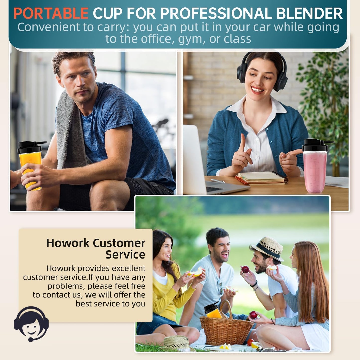 HOWORK Blender for Smoothies, 750W Personal Blender, 56 Oz Glass Jar, 16oz Portable Cups,2+P speed, 3 Functions for Smoothies, Frozen Drinks & Ice Cream,Grey