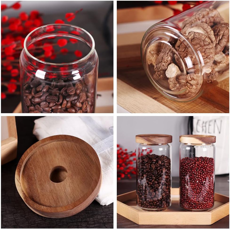 SAIOOL Home Borosilicate Glass Kitchen jars/Canisters with Acacia Wood Airtight Lid Set-2 Pack 30Oz/900ml,Minimalist Preprinted Farmhouse Style. White Matte Sticker Black Text.