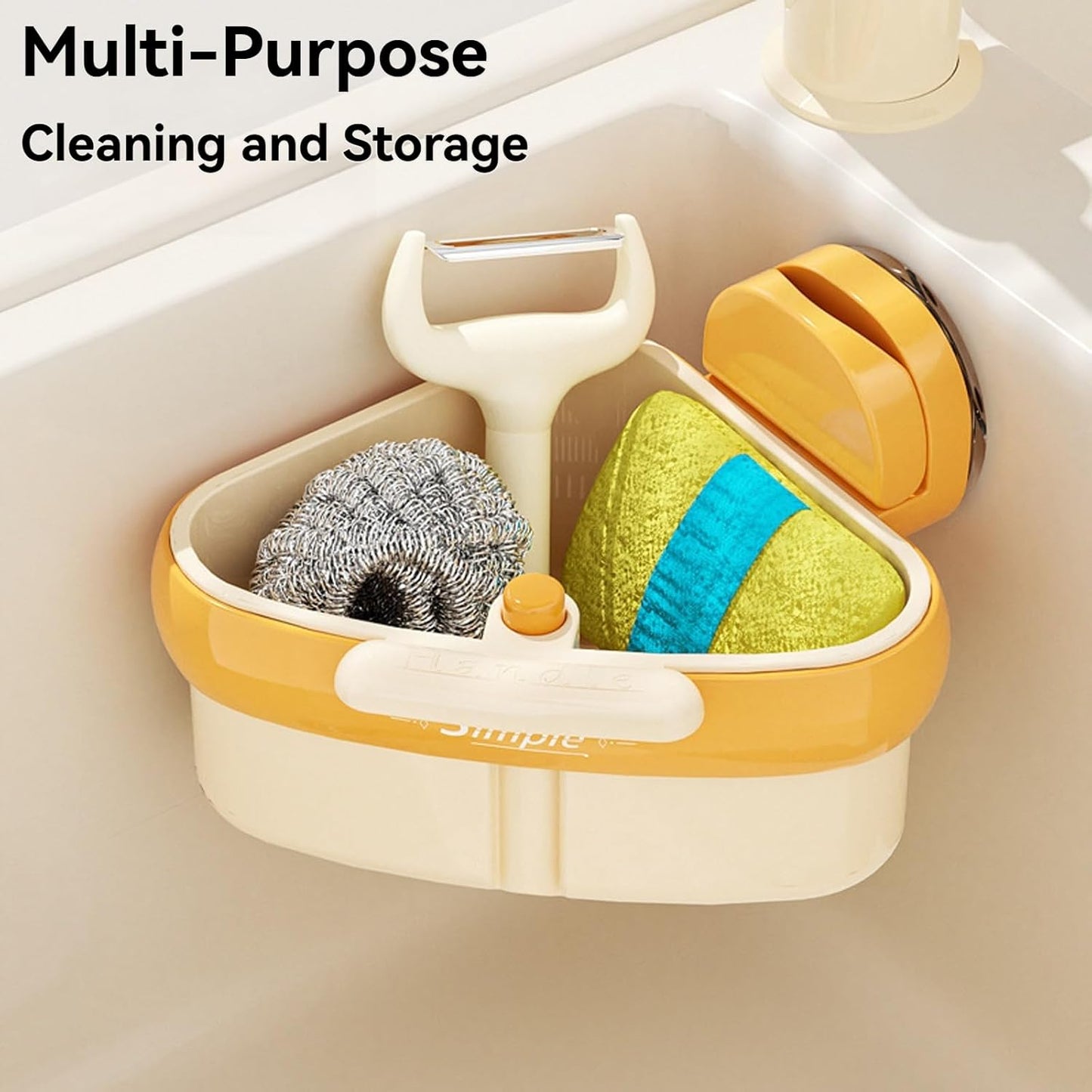 Suction Cup Sink Corner Rack, Triangular Suction Cup Corner Sink Caddy, Kitchen Sink Drain Strainer Basket for Kitchen Bathroom Dishware (Orange+Green)