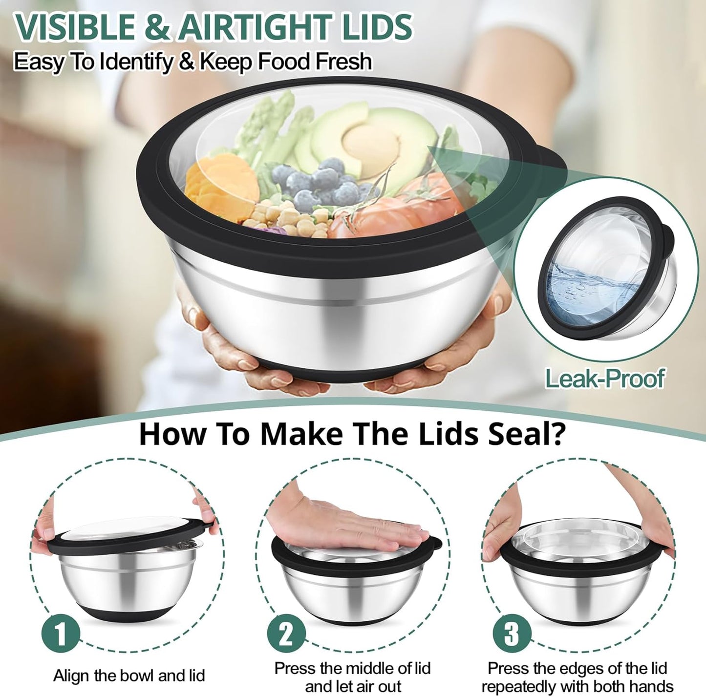 TeamFar Mixing Bowls, 5PCS Stainless Steel Serving Salad Bowls with Lids, For Kitchen Mixing/Baking/Storing/Prepping, Visible & Airtight, Non-Slip Bottom - 4.6/3.5/1.5/1 / 0.7 QT, Black