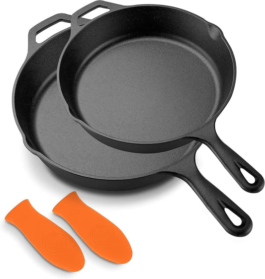 NutriChef 10" & 12" Pre-Seasoned Cast Iron Pans - Durable Nonstick Skillets, Cool-Touch Silicone Handle, For Oven, Grill & All Stovetops