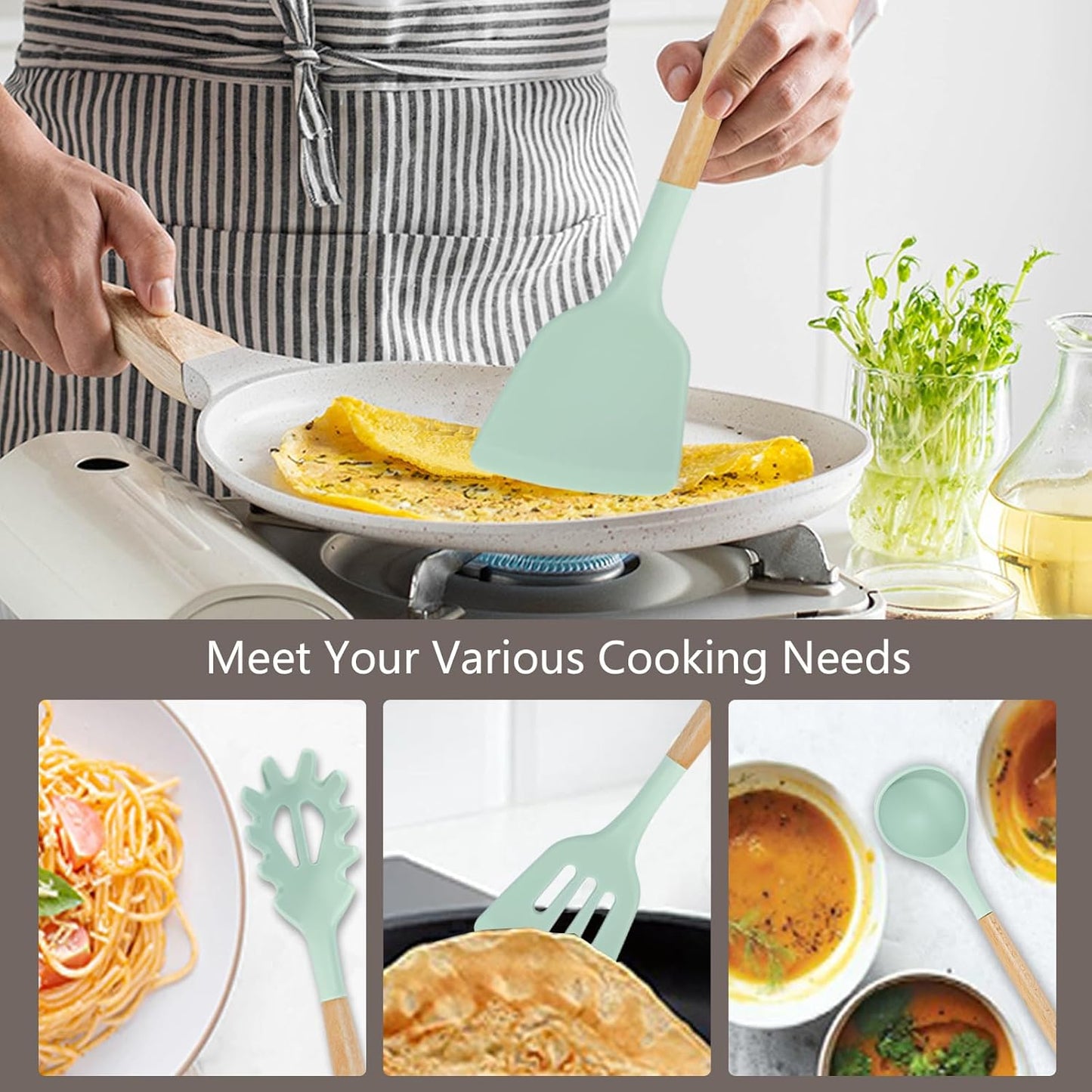 Cooking Utensils Set - 19 Piece Set with 11 Spatulas, 6 Sharp Knives, Silicone Utensils & Cutting Board (Green)