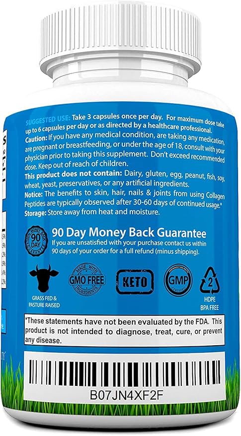 Collagen Peptides Capsules - Grass-Fed, Pasture-Raised Hydrolyzed Protein Supplement for Skin, Hair, & Nails - Non-GMO, Zero Sugar Daily Pills for Men & Women (180 Capsules)