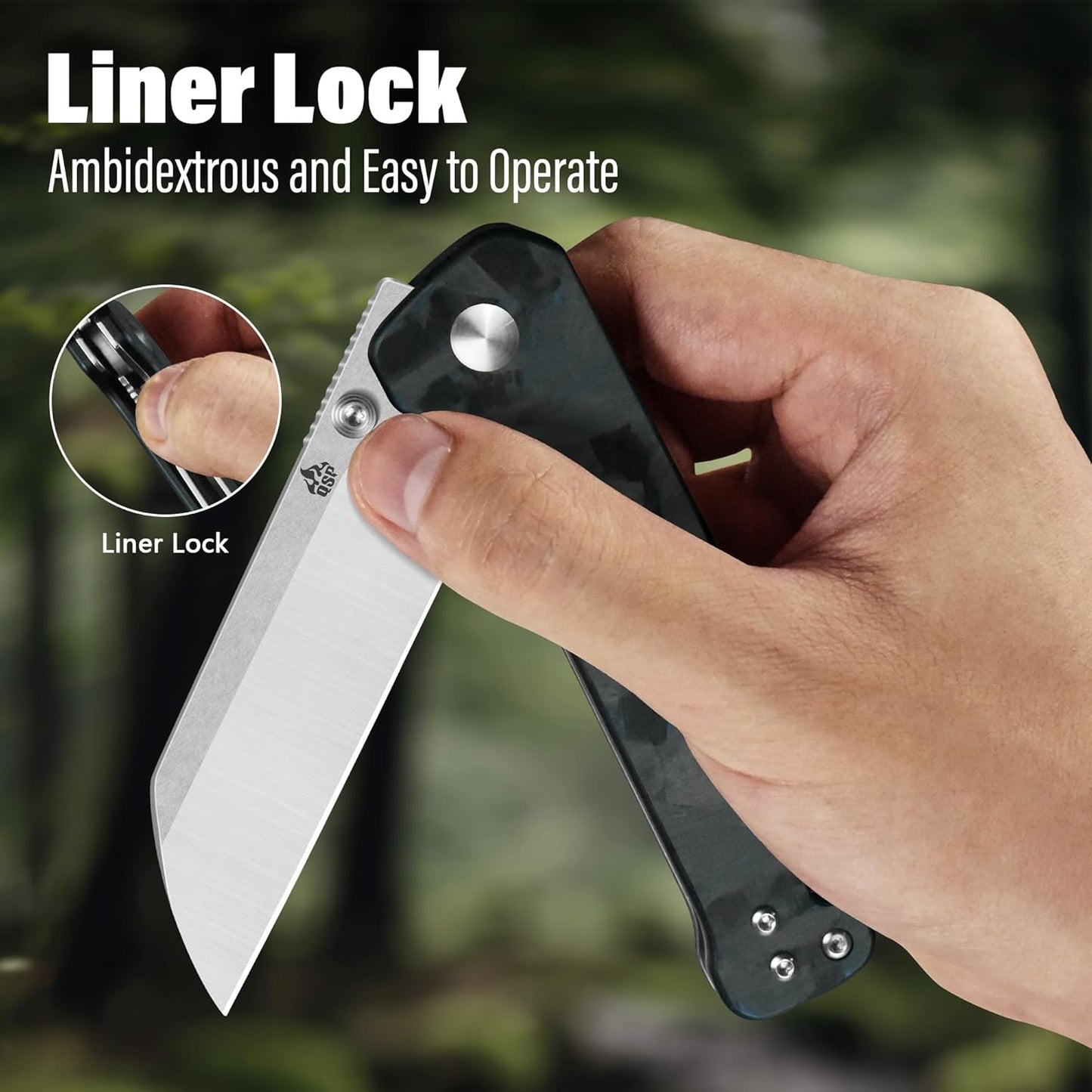 QSP Penguin V2 Folding Pocket Knife, 3.06" D2 Two Tone Finish Stonewash Satin Blade EDC Knife, Blue Shredded CF Overlay G10 Handle, Liner Lock, Ceramic Ball Bearings, Reversible SS Deep Carry Clip