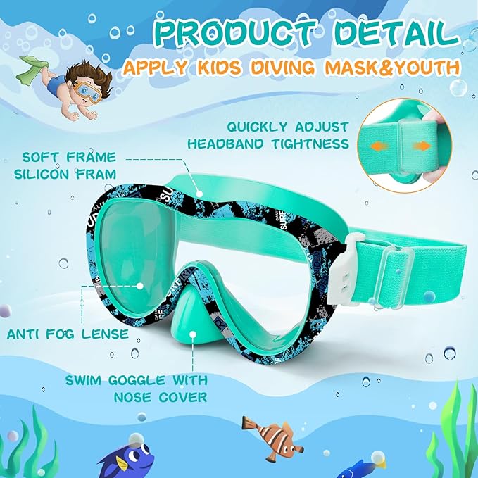 Kids Swim Goggles with Nose Cover, 180° Panoramic Snorkel Mask with Anti-Fog & Anti-Leak Design, Comfort Fabric Strap UV Protection Lens for Boys Girls Ages 3-15