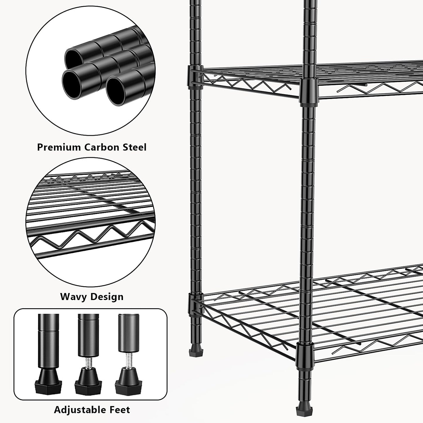 1000 lbs 4Tier Shelf Metal Storage Shelves Wire Rack Closet Organizers with Wheel for Garage Kitchen Bathroom Laundry Black 13.7" D x 23.6" W x 53.4" H