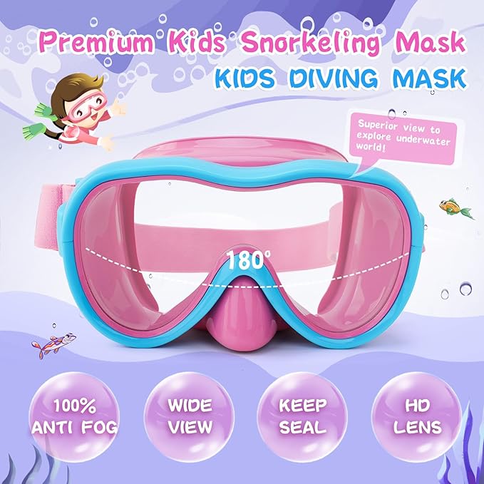 Kids Swim Goggles 180° Snorkel Diving Mask with Nose Cover, Anti-Fog Kids Swimming Goggles with Elastic Fabric Strap for Kids Boys Girls