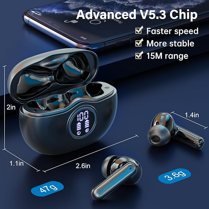 A10 Pro Wireless Earbuds, Bluetooth 5.3 Headphones HiFi Stereo 50H Playback LED Digital Display Ear Buds with ENC Noise Canceling Headset, IPX7 Waterproof Earphones for Gym/Running/Work